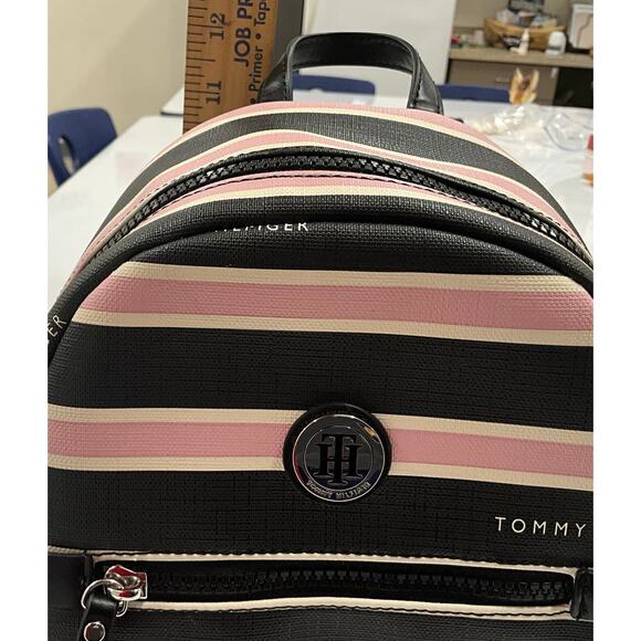 Tommy Hilfiger Classic Mini Backpack Purse Black Pink Cream Stripes - Picture 7 of 11